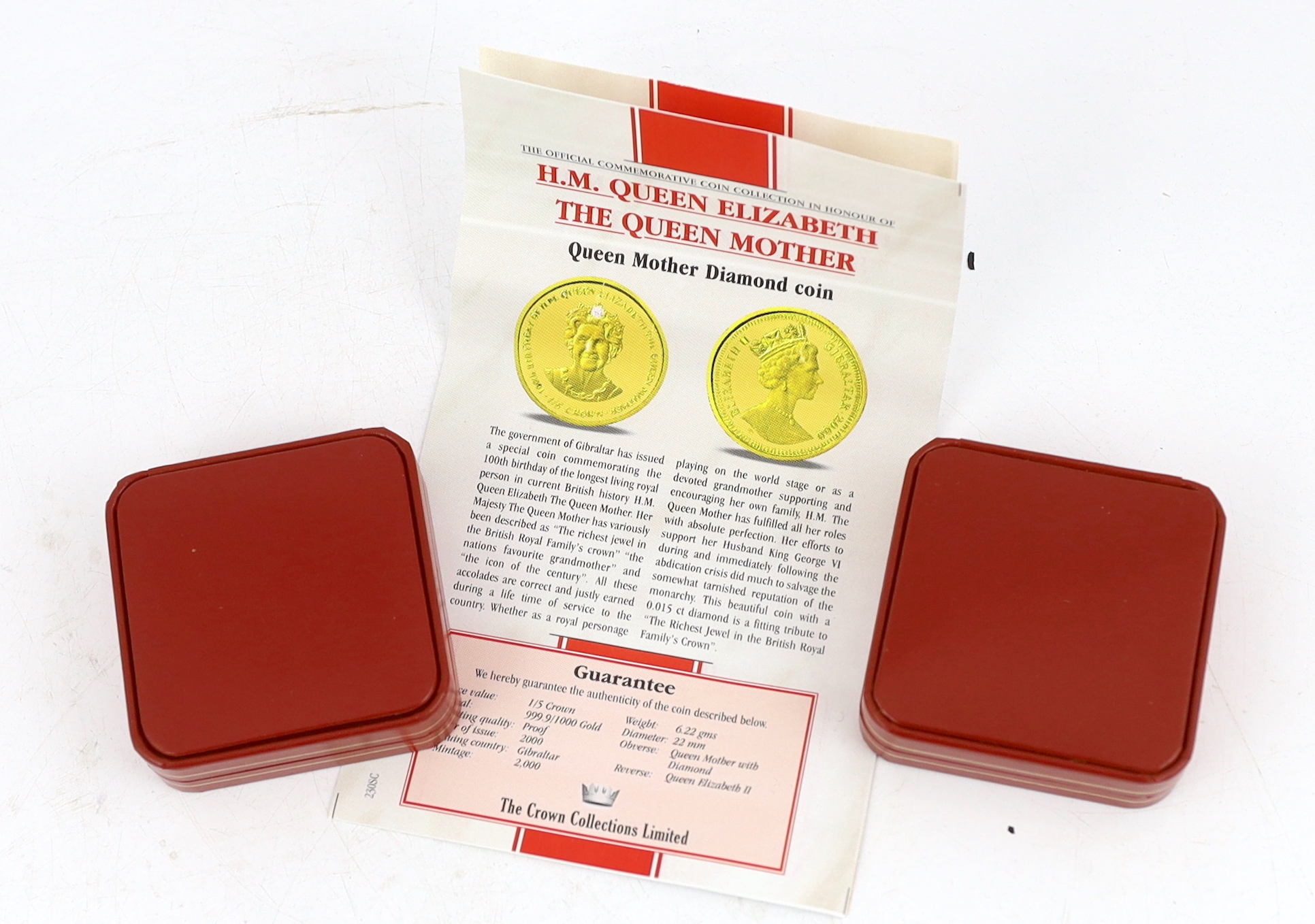 Gold coins - Two Pobjoy mint Isle of Man proof gold 1/5 crown coins, each 6.22g, 999.9/1000 purity